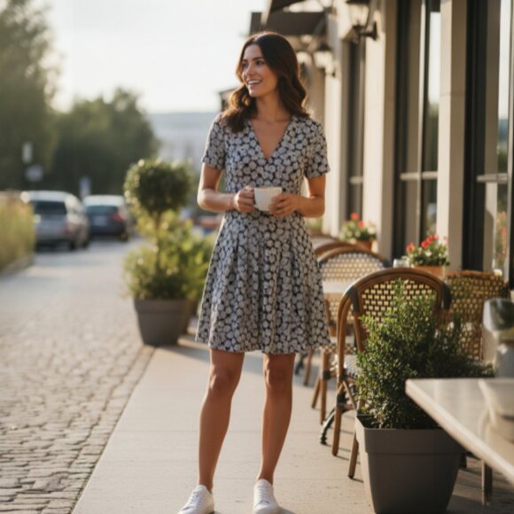 Michael Kors Black Leaf Print Short Sleeve Fit Flare Dress Size 8 NWT - Picture 1 of 8